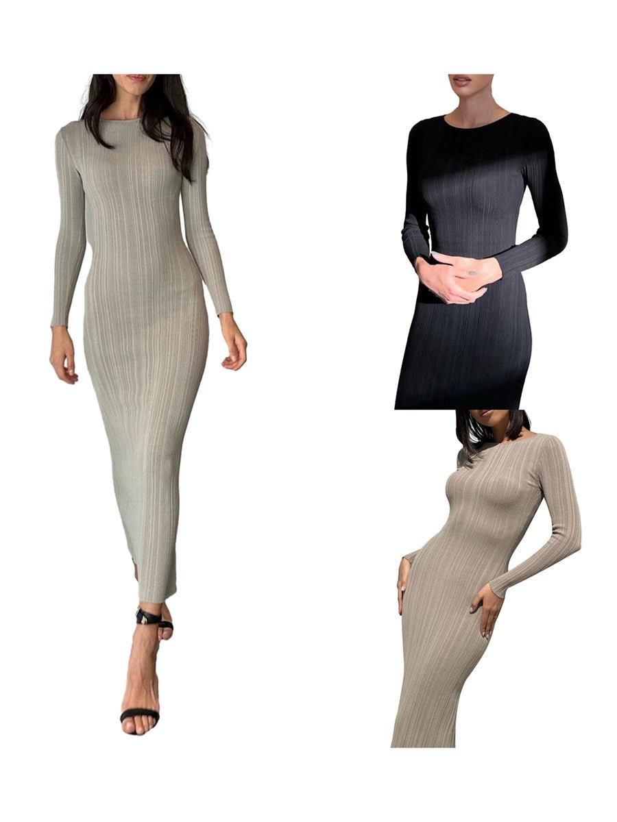 Women Spring Autumn Solid Color Bodycon Knit Dress Long Sleeve Crew Neck Ribbed Dress Slim Fit Long Dress - Faith Affinity