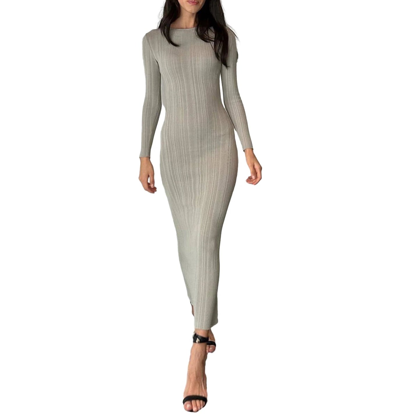 Women Spring Autumn Solid Color Bodycon Knit Dress Long Sleeve Crew Neck Ribbed Dress Slim Fit Long Dress - Faith Affinity