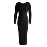 Women Spring Autumn Solid Color Bodycon Knit Dress Long Sleeve Crew Neck Ribbed Dress Slim Fit Long Dress - Faith Affinity