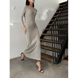 Women Spring Autumn Solid Color Bodycon Knit Dress Long Sleeve Crew Neck Ribbed Dress Slim Fit Long Dress - Faith Affinity